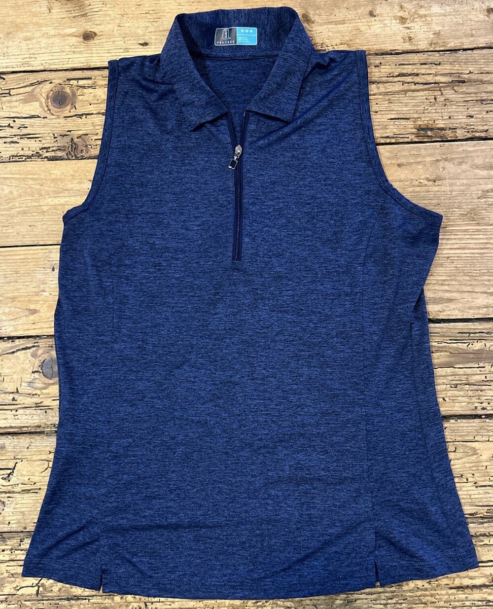 PGA Tour Womens Polo Shirt Top Blue Sleeveless Collar Zip Golf Size medium NWOT
